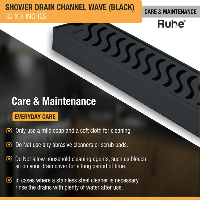 Wave Shower Drain Channel (32 x 3 Inches) Black PVD Coated - by Ruhe