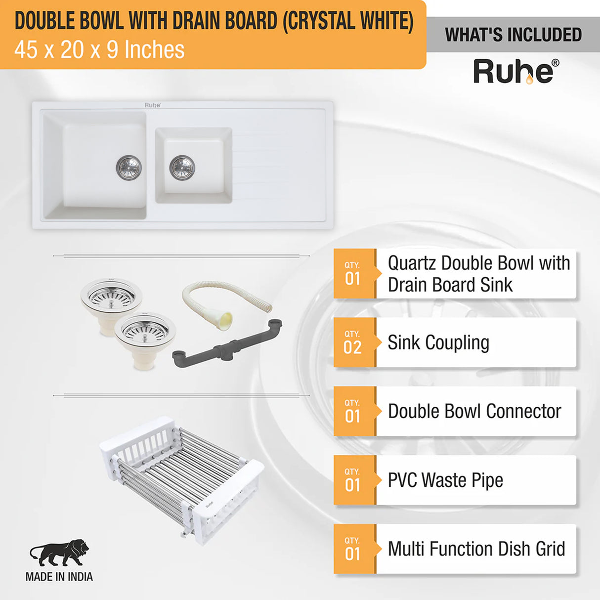 Quartz Double Bowl with Drainboard Kitchen Sink - Crystal White (45 x 20 x 9 inches) - by Ruhe®