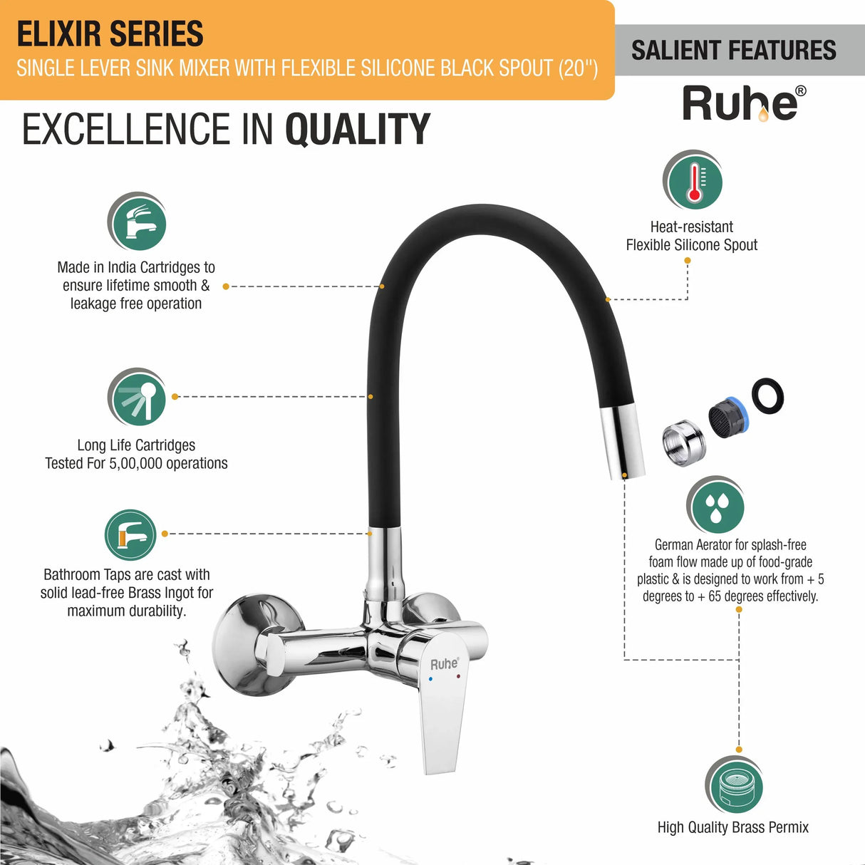 Elixir Single Lever Wall-mount Kitchen Sink Mixer Tap with Coloured Silicone Spout