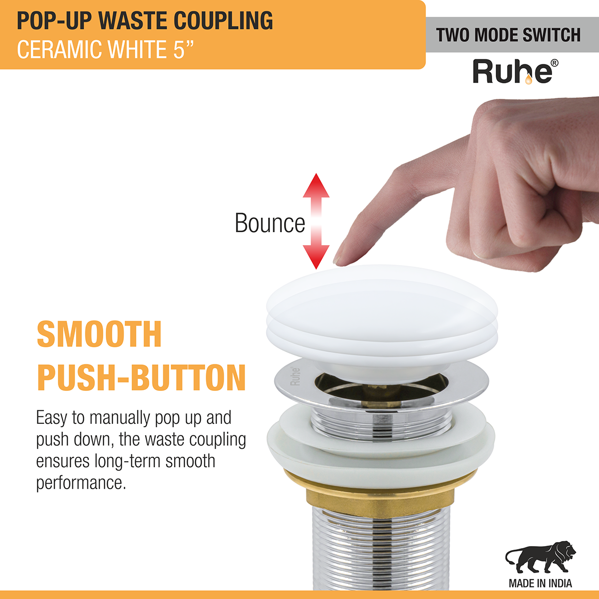 White Ceramic Pop-up Waste Coupling (5 Inches) - by Ruhe