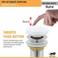 Brass Ceramic Pop-up Waste Coupling for Wash Basin (5 Inches) – White
