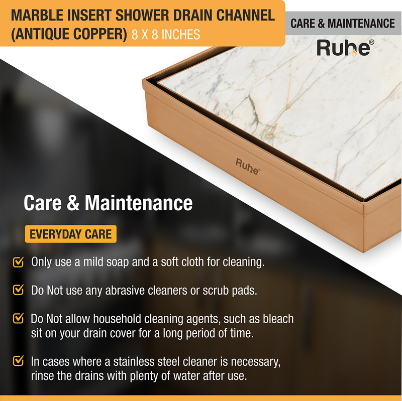 Marble Insert Shower Drain Channel (8 x 8 Inches) Antique Copper PVD Coated - by Ruhe