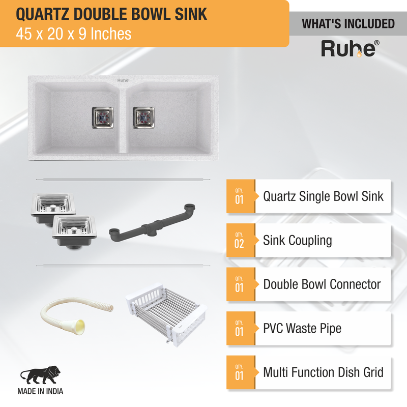 Quartz Double Bowl Kitchen Sink (45 x 20 x 9 inches)