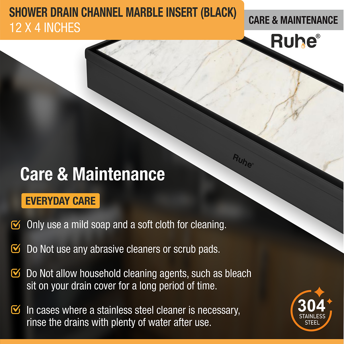 Marble Insert Shower Drain Channel (12 x 4 Inches) Black PVD Coated - by Ruhe®