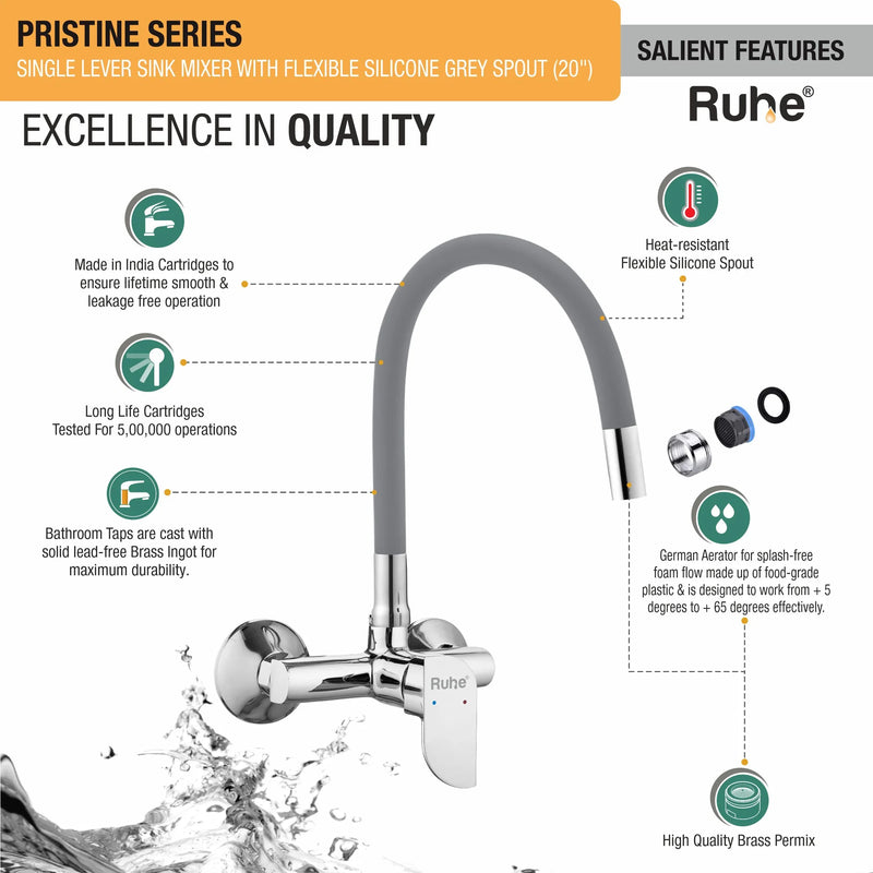 Pristine Single Lever Wall-mount Kitchen Sink Mixer Tap with Coloured Silicone Spout