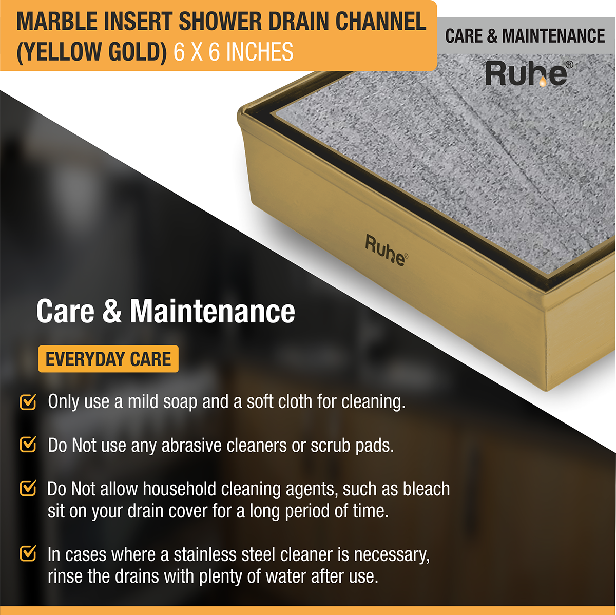 Marble Insert Shower Drain Channel (6 x 6 Inches) YELLOW GOLD PVD Coated care and maintenance