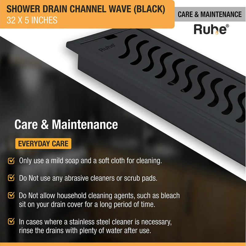 Wave Shower Drain Channel (32 x 5 Inches) Black PVD Coated - by Ruhe