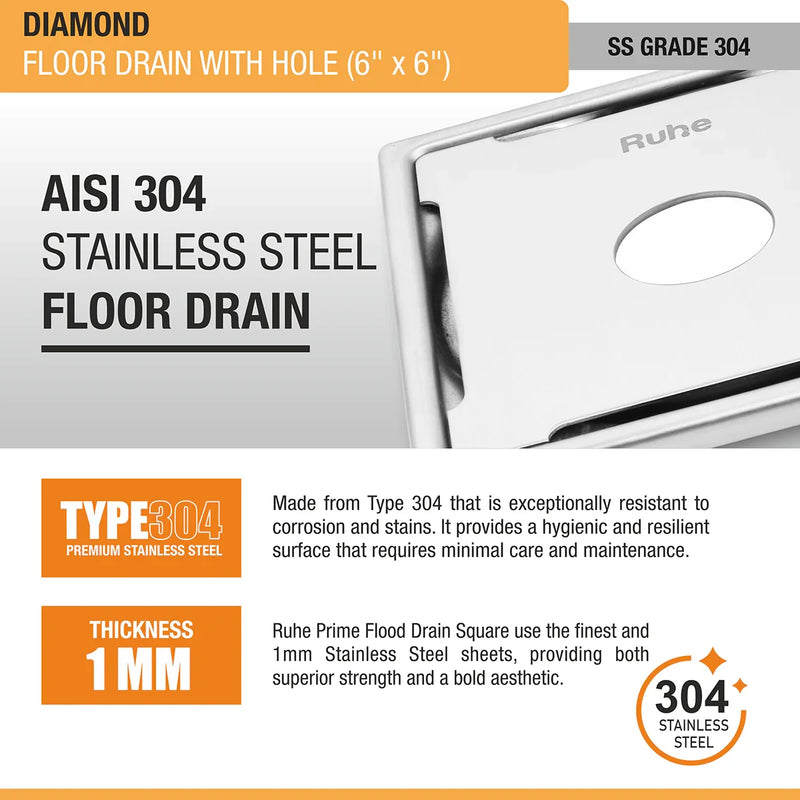 Diamond Square 304-Grade Floor Drain with Hole (6 x 6 Inches) - by Ruhe