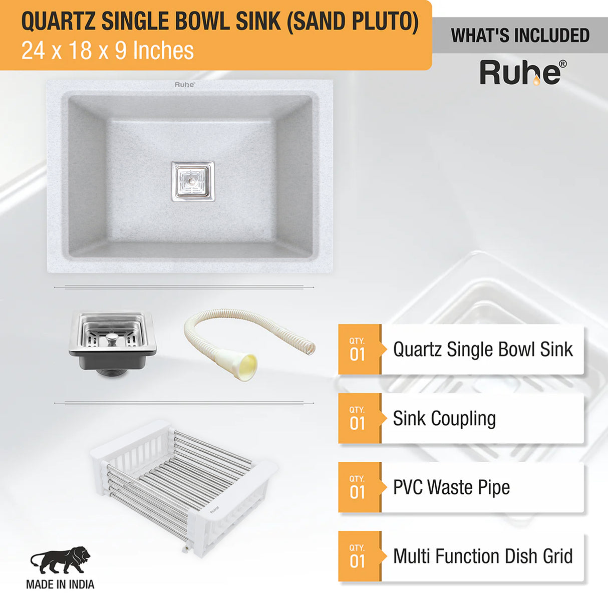 Quartz Single Bowl Kitchen Sink - Sand Pluto (24 x 18 x 9 inches) - by Ruhe®