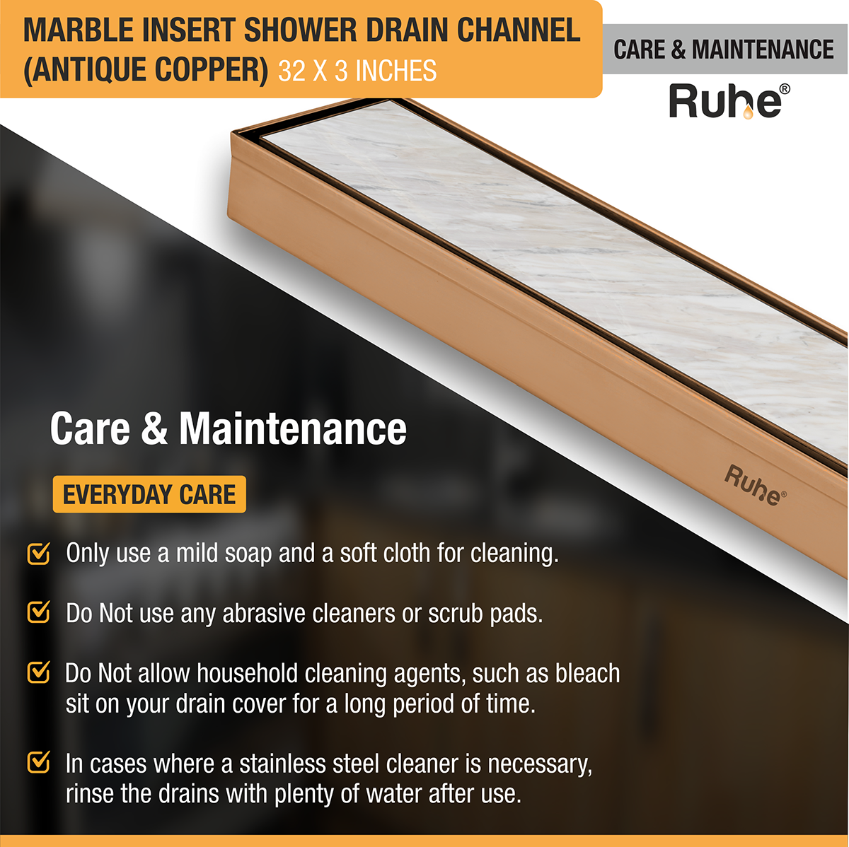 Marble Insert Shower Drain Channel (32 x 3 Inches) ROSE GOLD PVD Coated care and maintenance