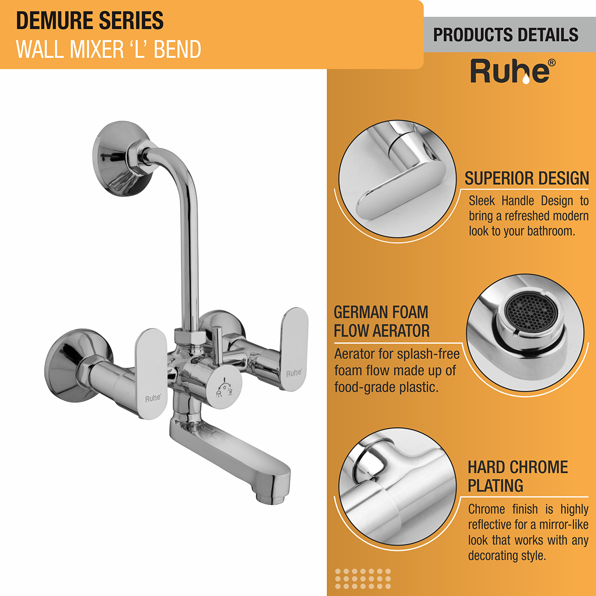 Demure Wall Mixer Tap with L Bend Pipe - by Ruhe®