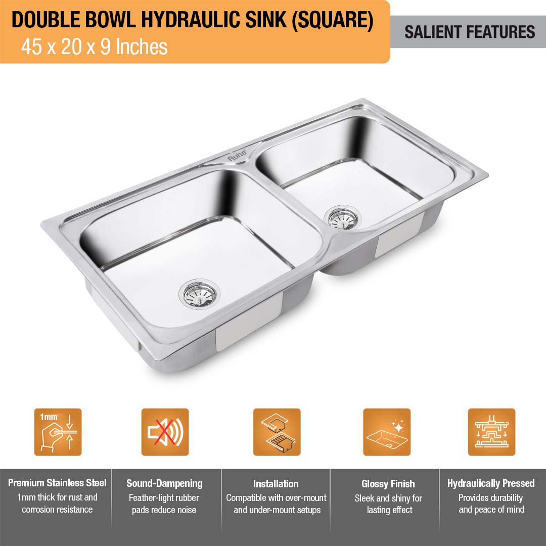 Square Double Bowl (45 x 20 x 9 inches) Kitchen Sink - by Ruhe