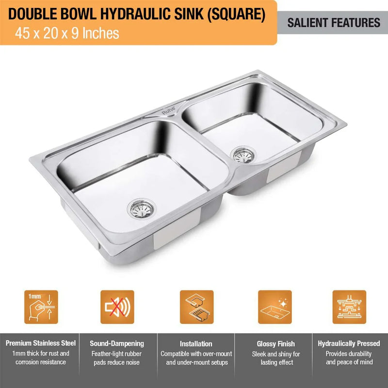 Double Bowl Premium Kitchen Sink (45 x 20 x 9 Inches)