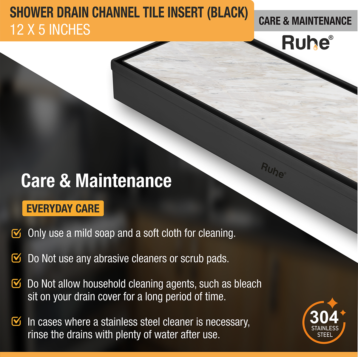 Tile Insert Shower Drain Channel (12 x 5 Inches) Black PVD Coated - by Ruhe®