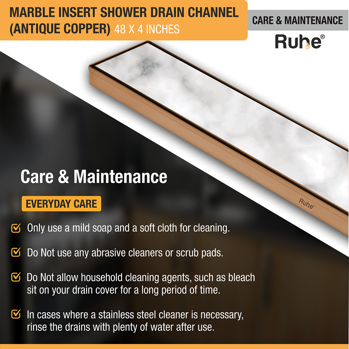 Marble Insert Shower Drain Channel (48 x 4 Inches) ROSE GOLD PVD Coated - by Ruhe®