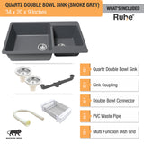 Quartz Double Bowl Kitchen Sink - Smoke Grey (34 x 20 x 9 inches) - by Ruhe®
