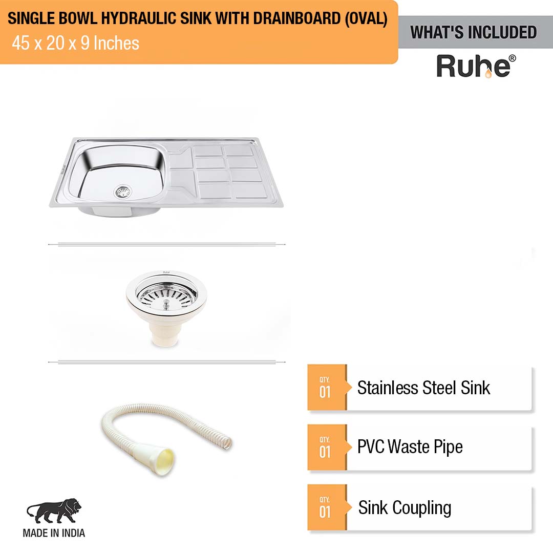 Oval Single Bowl with Drainboard (45 x 20 x 9 inches) Kitchen Sink - by Ruhe