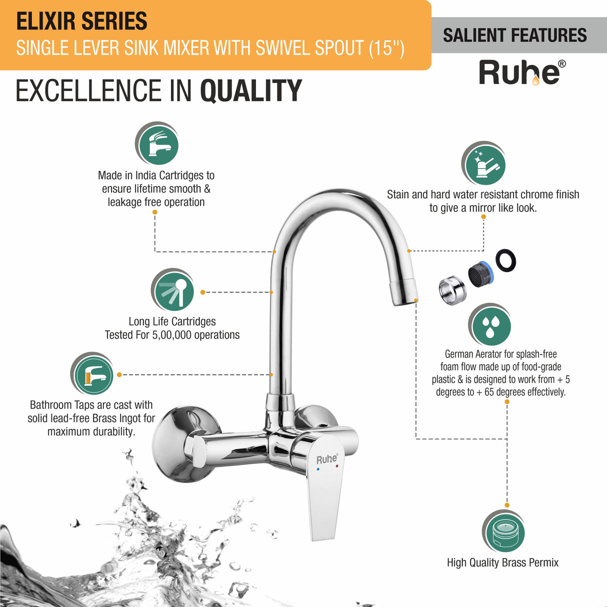 Elixir Single Lever Wall-mount Brass Mixer Faucet with Swivel Spout (15 Inches) - by Ruhe®