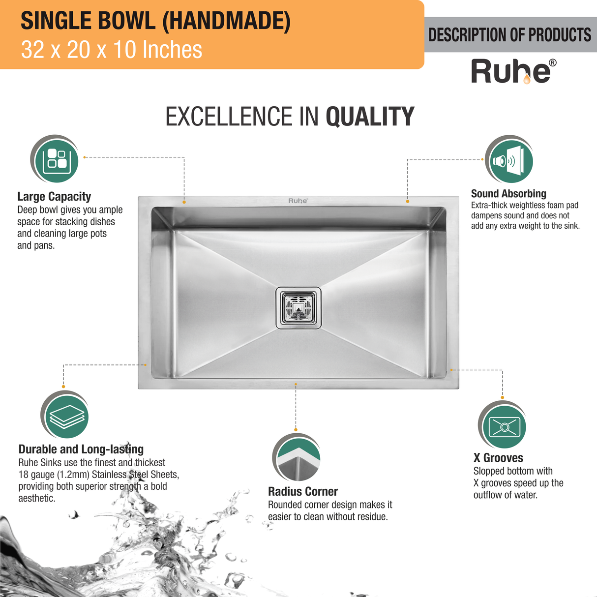 Handmade Single Bowl (32 x 20 x 10 Inches) Kitchen Sink  - by Ruhe