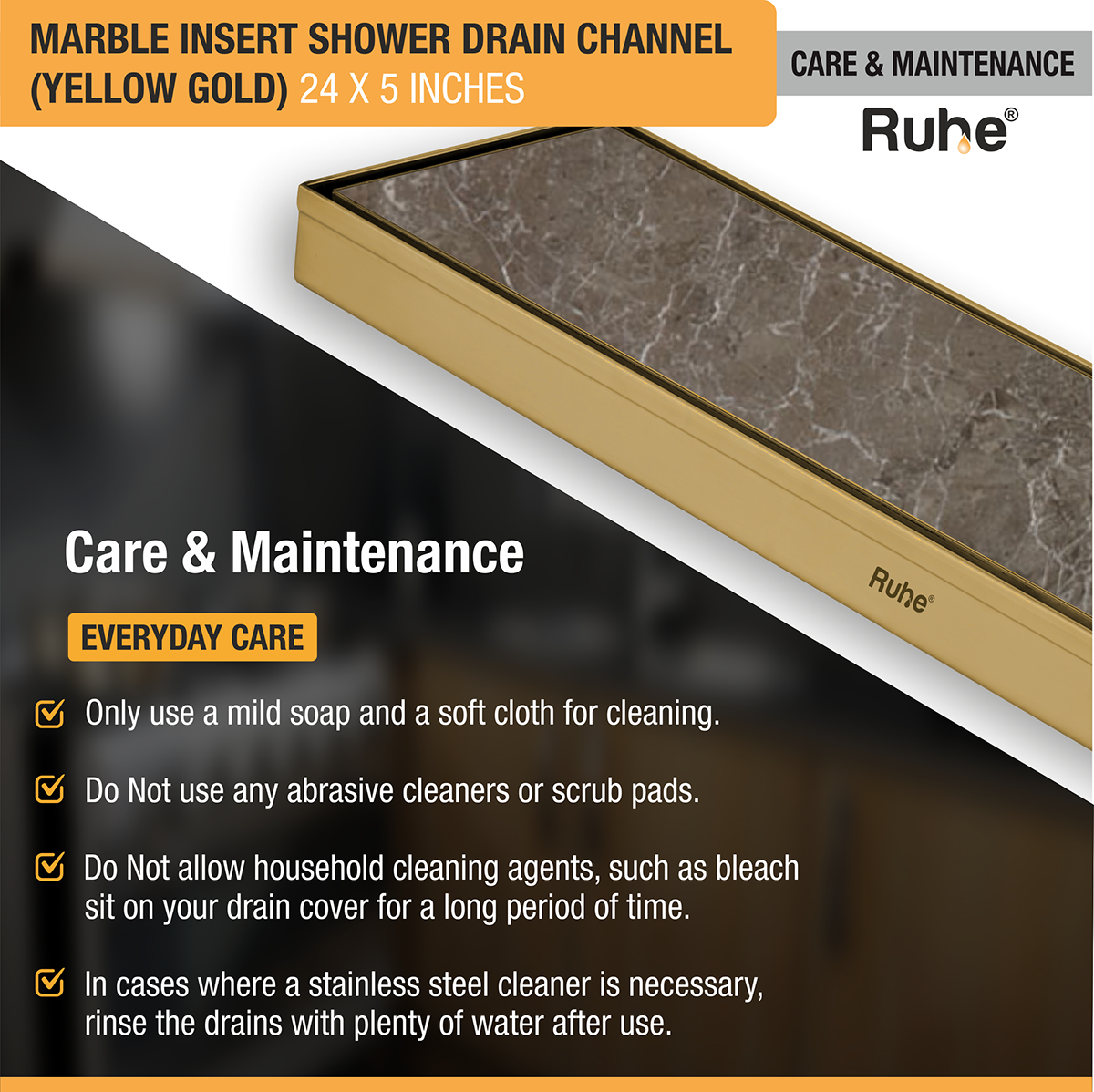 Marble Insert Shower Drain Channel (24 x 5 Inches) YELLOW GOLD PVD Coated care and maintenance