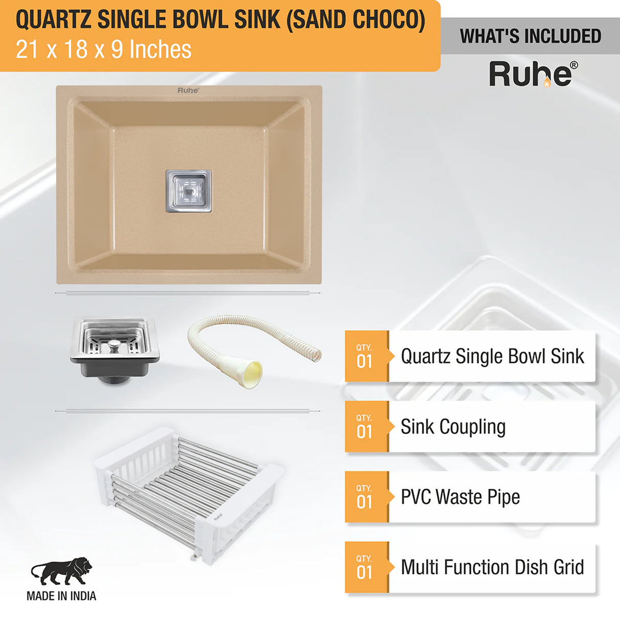 Quartz Single Bowl Kitchen Sink - Sand Choco (21 x 18 x 9 inches) - by Ruhe®