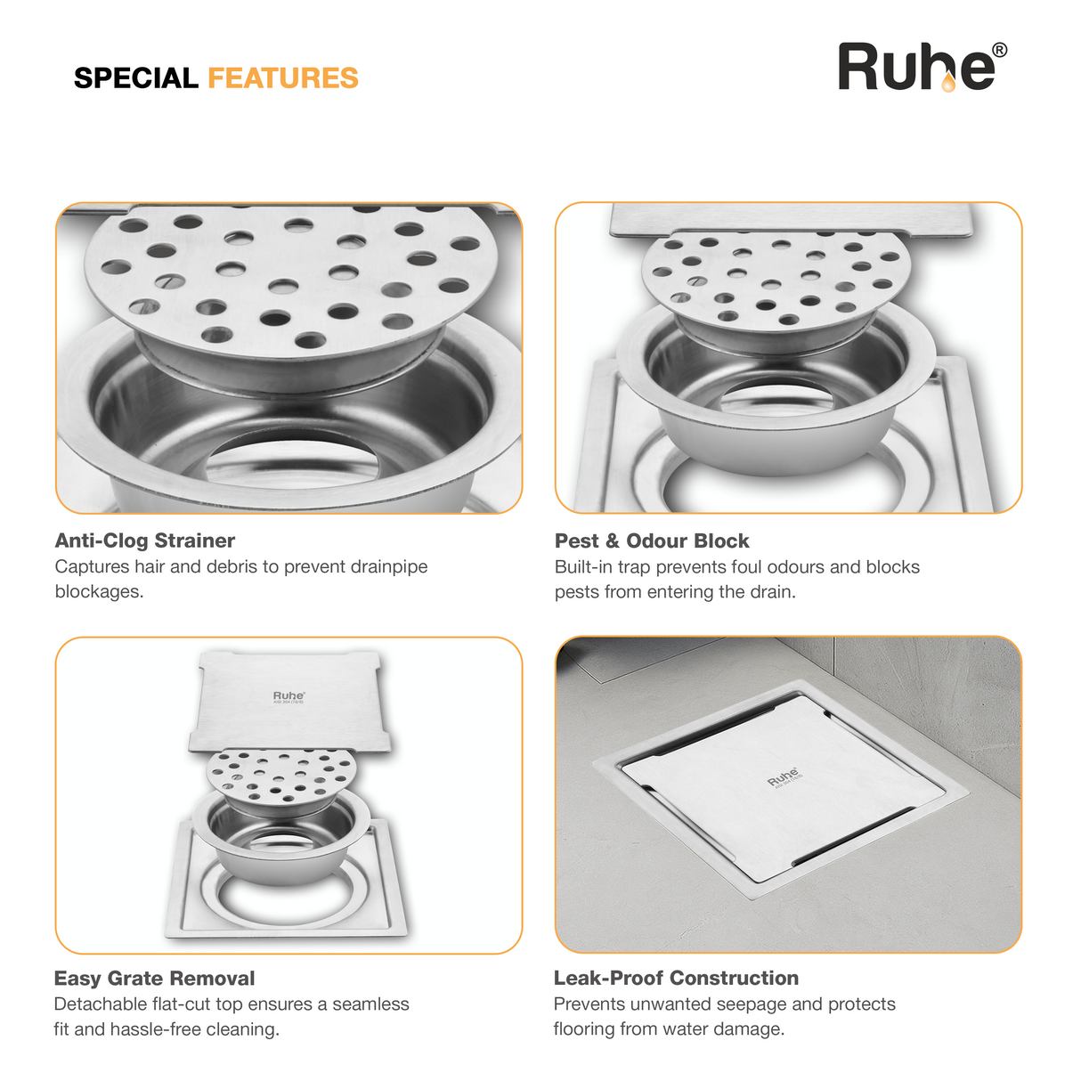 Diamond Square Flat Cut Floor Drain