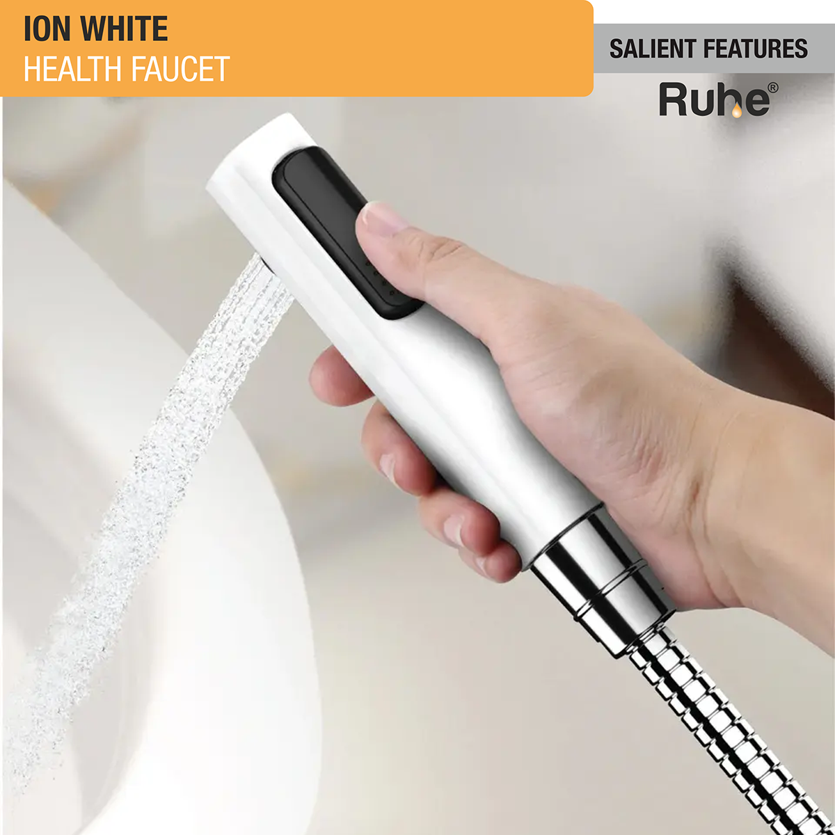 Ion White Health Faucet with Braided 1 Meter Flexible Hose (304 Grade) & Hook installed