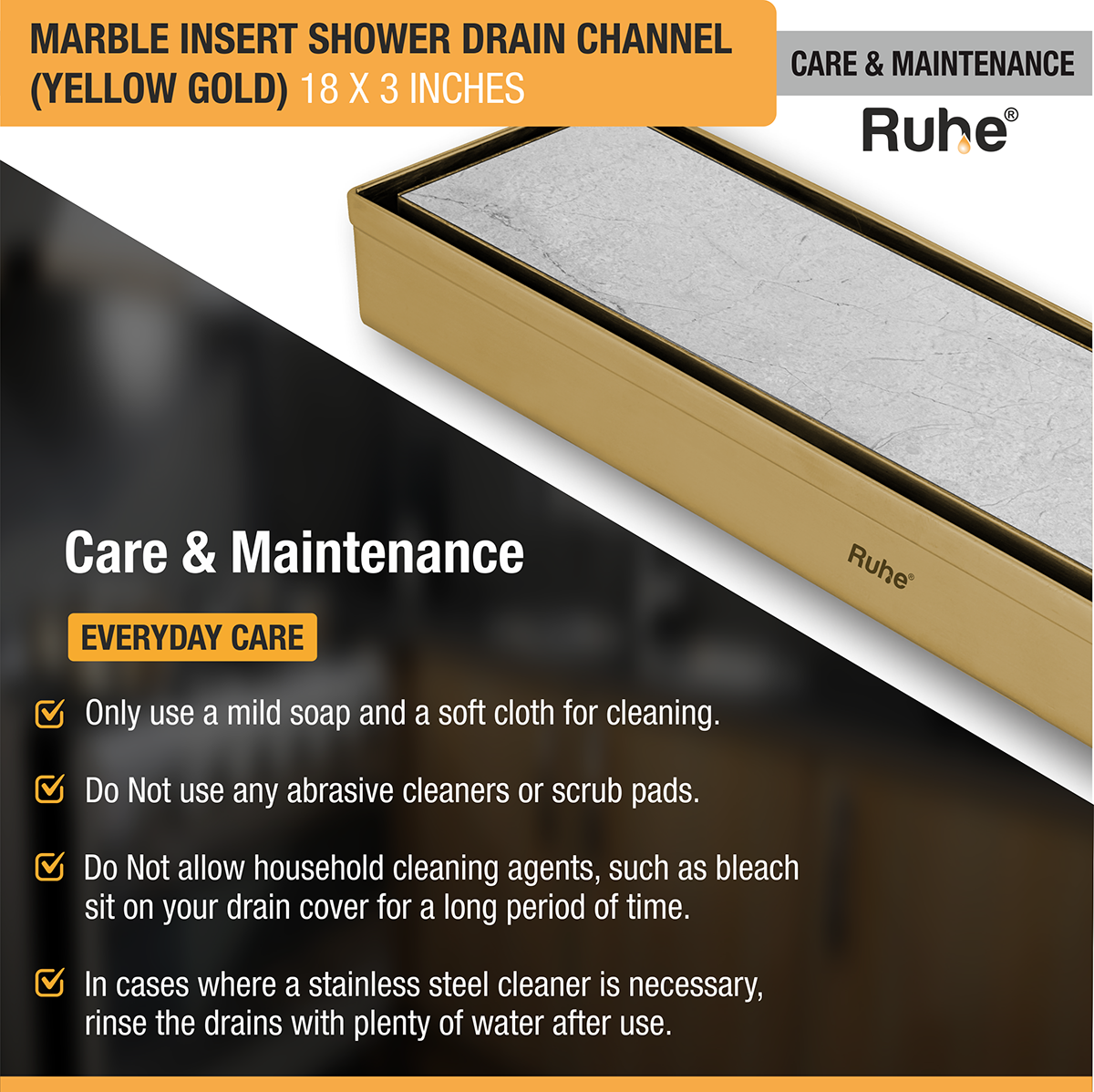 Marble Insert Shower Drain Channel (18 x 3 Inches) YELLOW GOLD PVD Coated - by Ruhe®