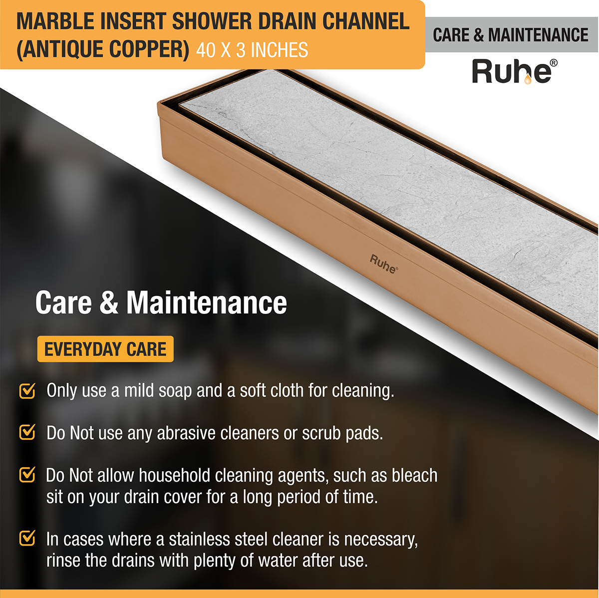 Marble Insert Shower Drain Channel (40 x 3 Inches) ROSE GOLD PVD Coated care and maintenance