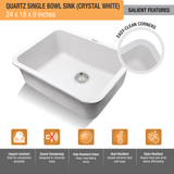 Crystal White Quartz Single Bowl Kitchen Sink  (24 x 18 x 9 inches) - by Ruhe