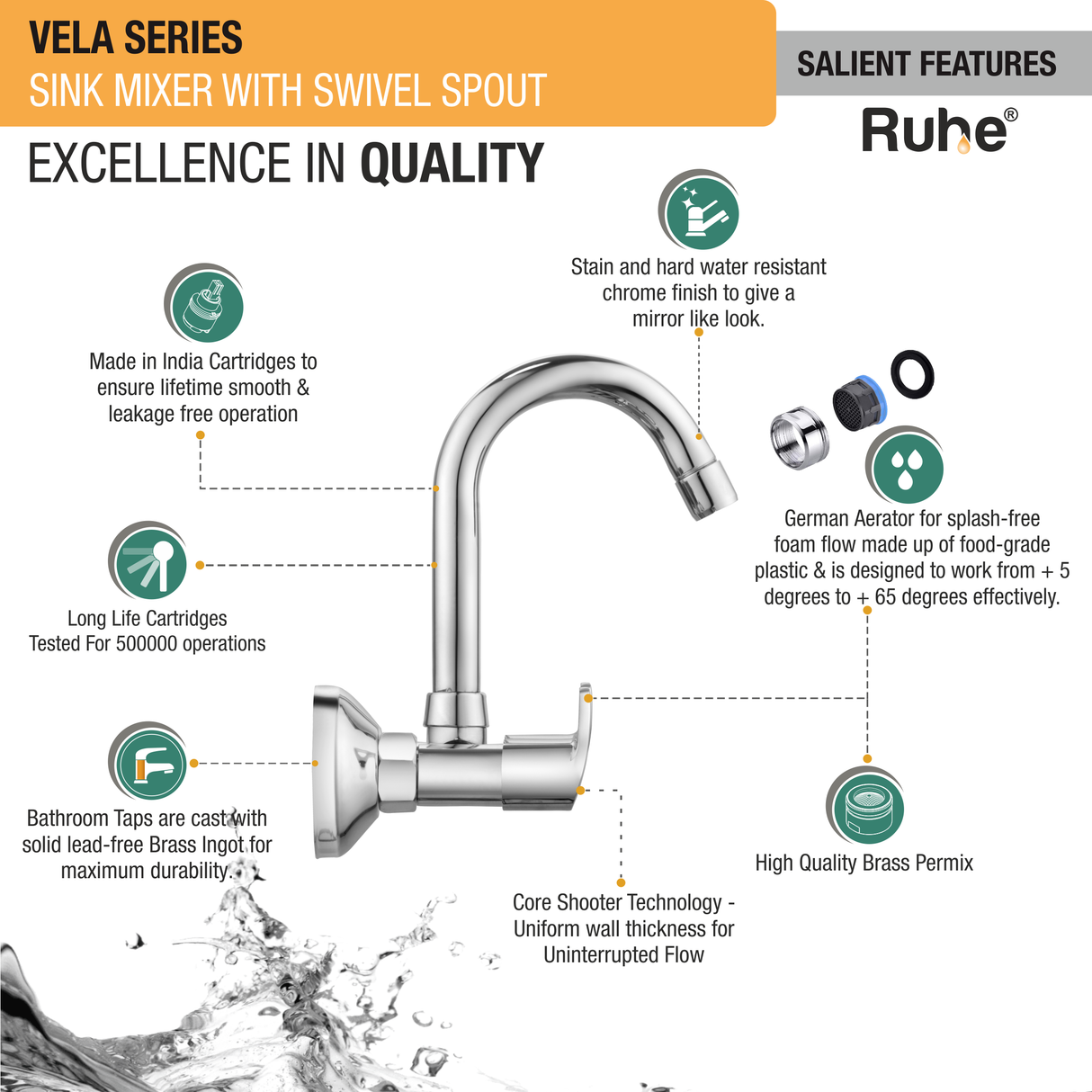 Vela Wall-Mount Kitchen Sink Mixer Tap with 15" Swivel Spout