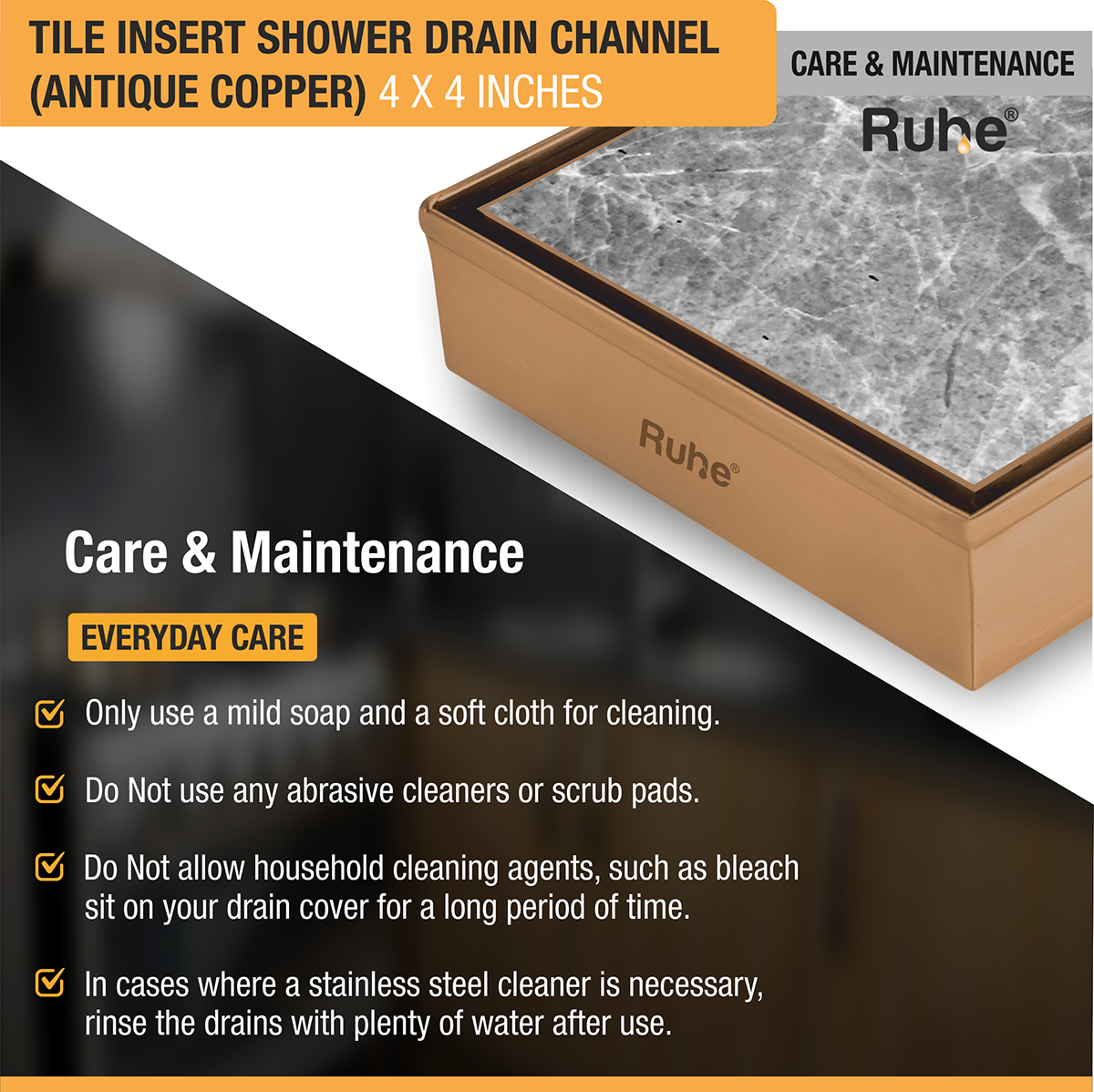 Tile Insert Shower Drain Channel (4 x 4 Inches) ROSE GOLD PVD Coated - by Ruhe®