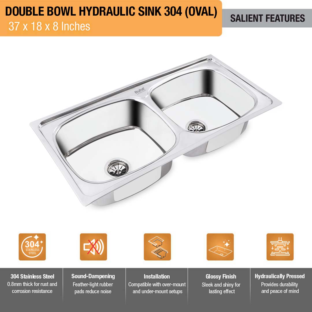 Oval Double Bowl 304-Grade (37 x 18 x 8 inches) Kitchen Sink - by Ruhe