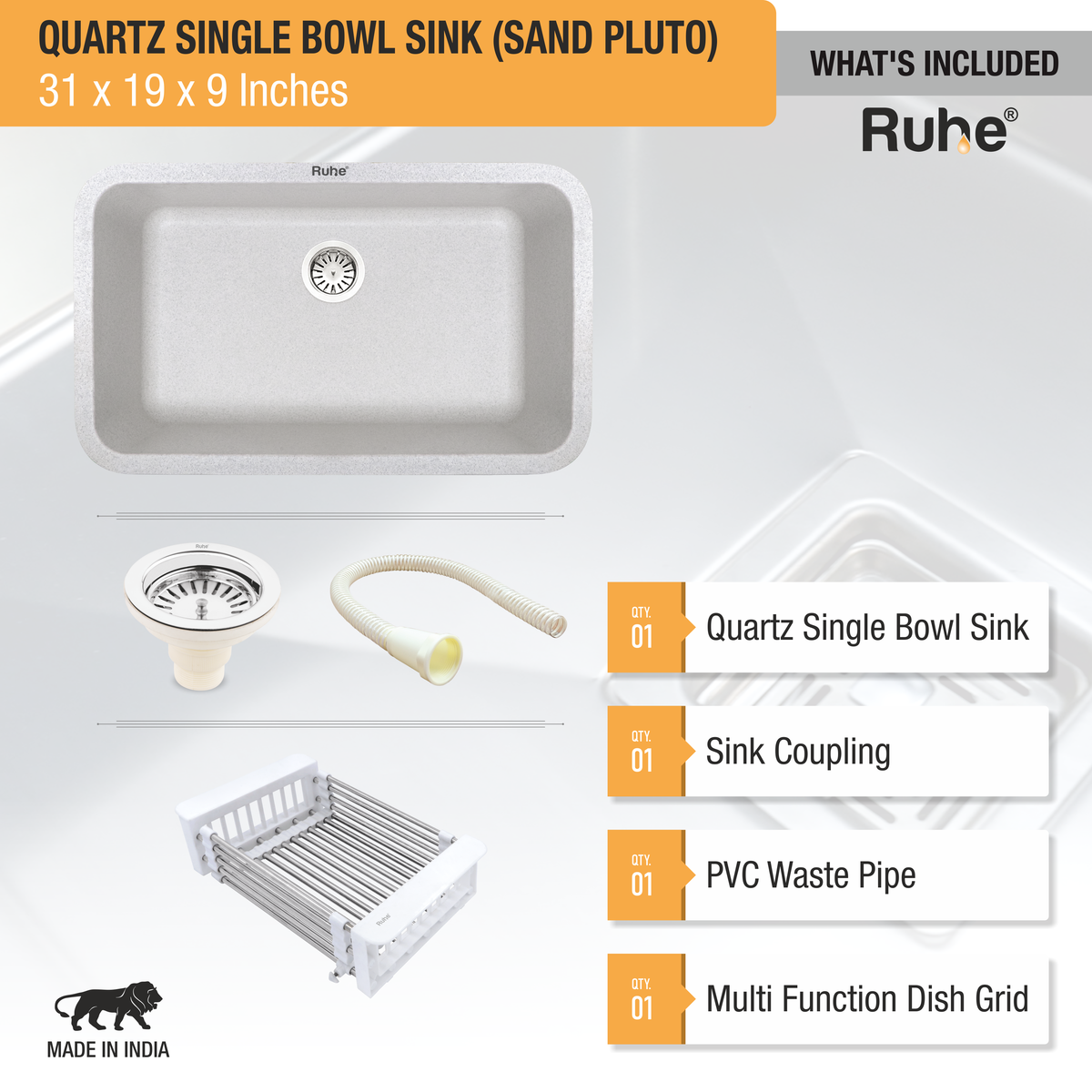 Quartz Single Bowl Coloured Kitchen Sink (31 x 19 x 9 Inches)
