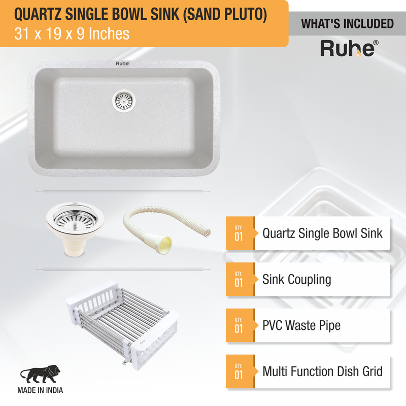 Quartz Single Bowl Sand Pluto Kitchen Sink (31 x 19 x 9 Inches)