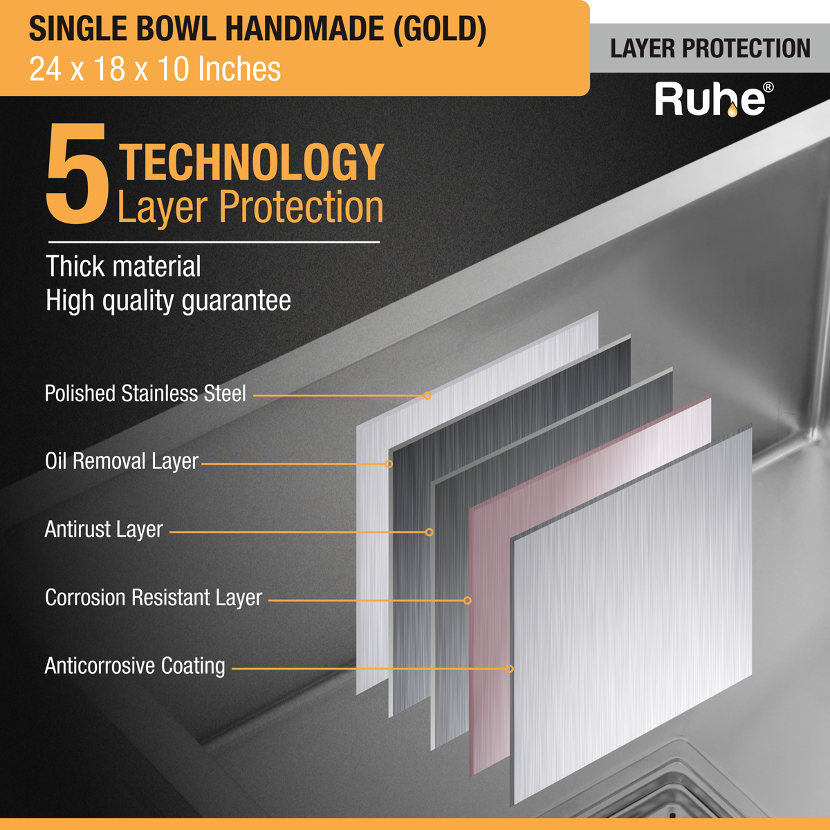 Yellow Gold Handmade Single Bowl ( 24 x 18 x 10 Inches) Kitchen Sink - by Ruhe®