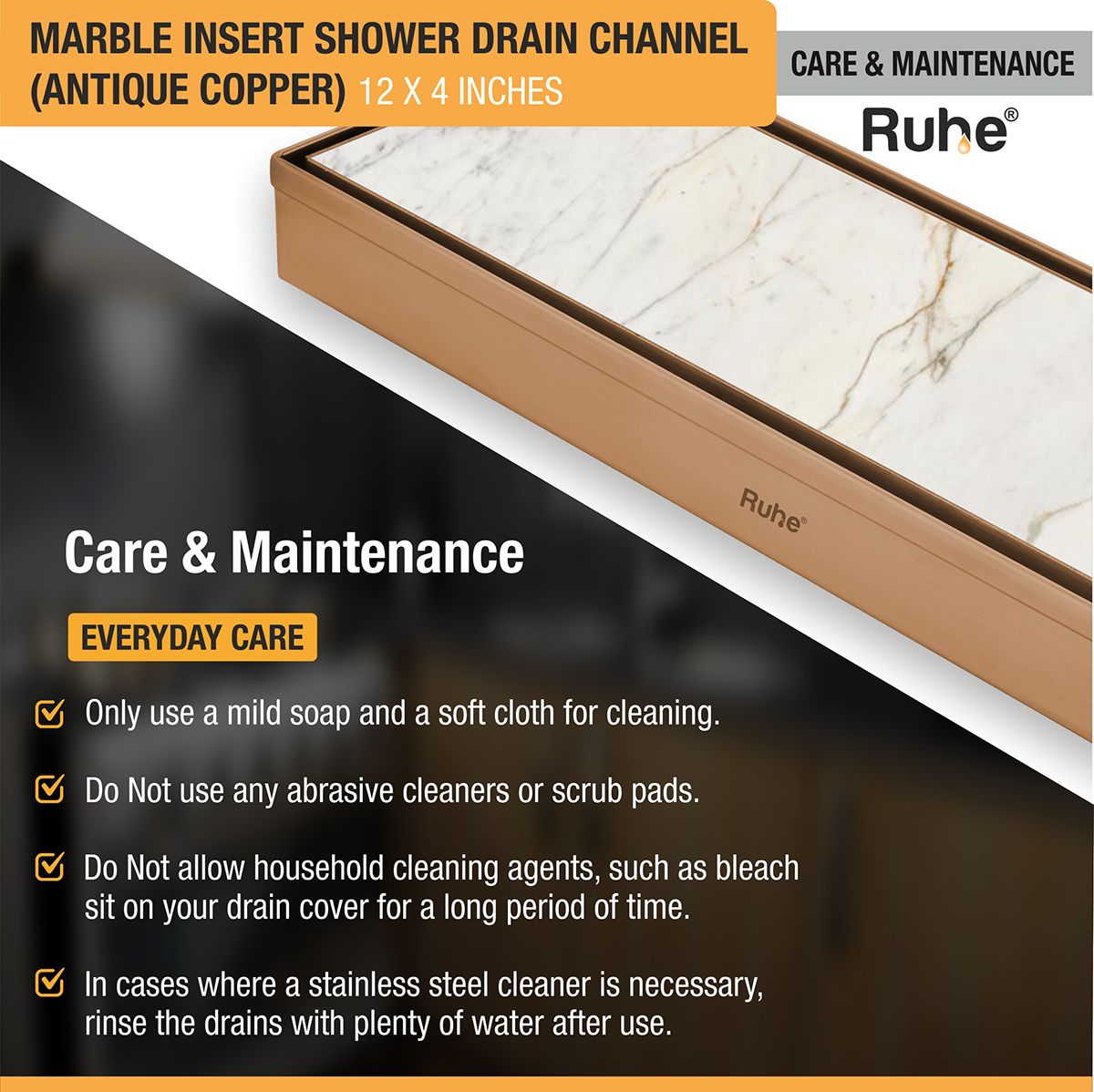 Marble Insert Shower Drain Channel (12 x 4 Inches) ROSE GOLD PVD Coated care and maintenance