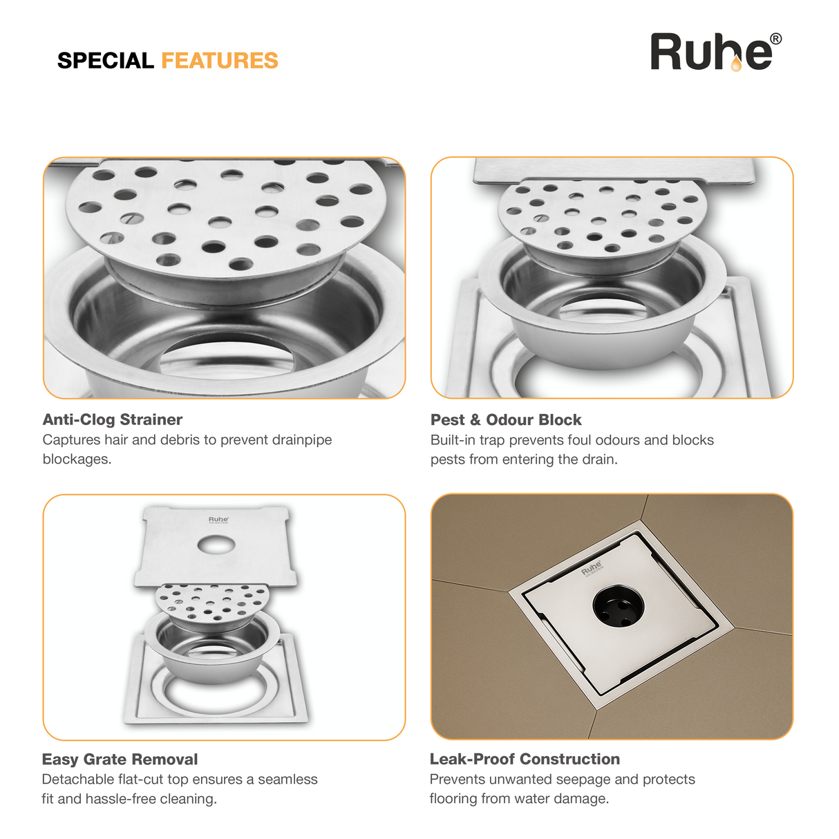 Diamond Square Flat Cut Floor Drain