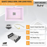 Quartz Sand Rosa Single Bowl Kitchen Sink (21 x 18 x 9 inches) with sink coupling, pvc waste pipe, vegetable basket