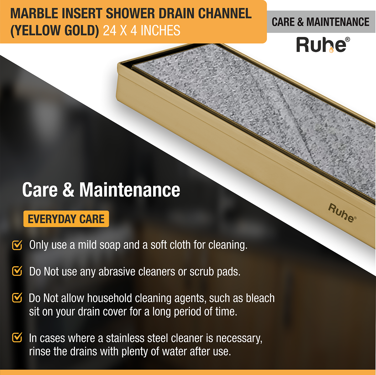 Marble Insert Shower Drain Channel (24 x 4 Inches) YELLOW GOLD PVD Coated - by Ruhe®