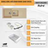 Quartz Double Bowl with Drainboard Kitchen Sink - Sand Choco (45 x 20 x 9 inches) - by Ruhe®