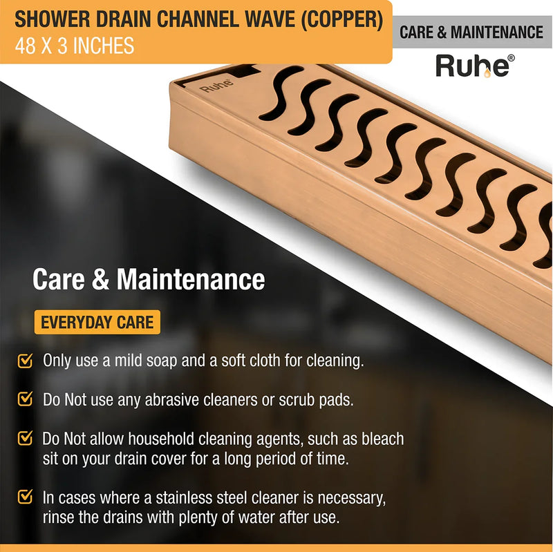 Wave Shower Drain Channel (48 x 3 Inches) Antique Copper PVD Coated - by Ruhe
