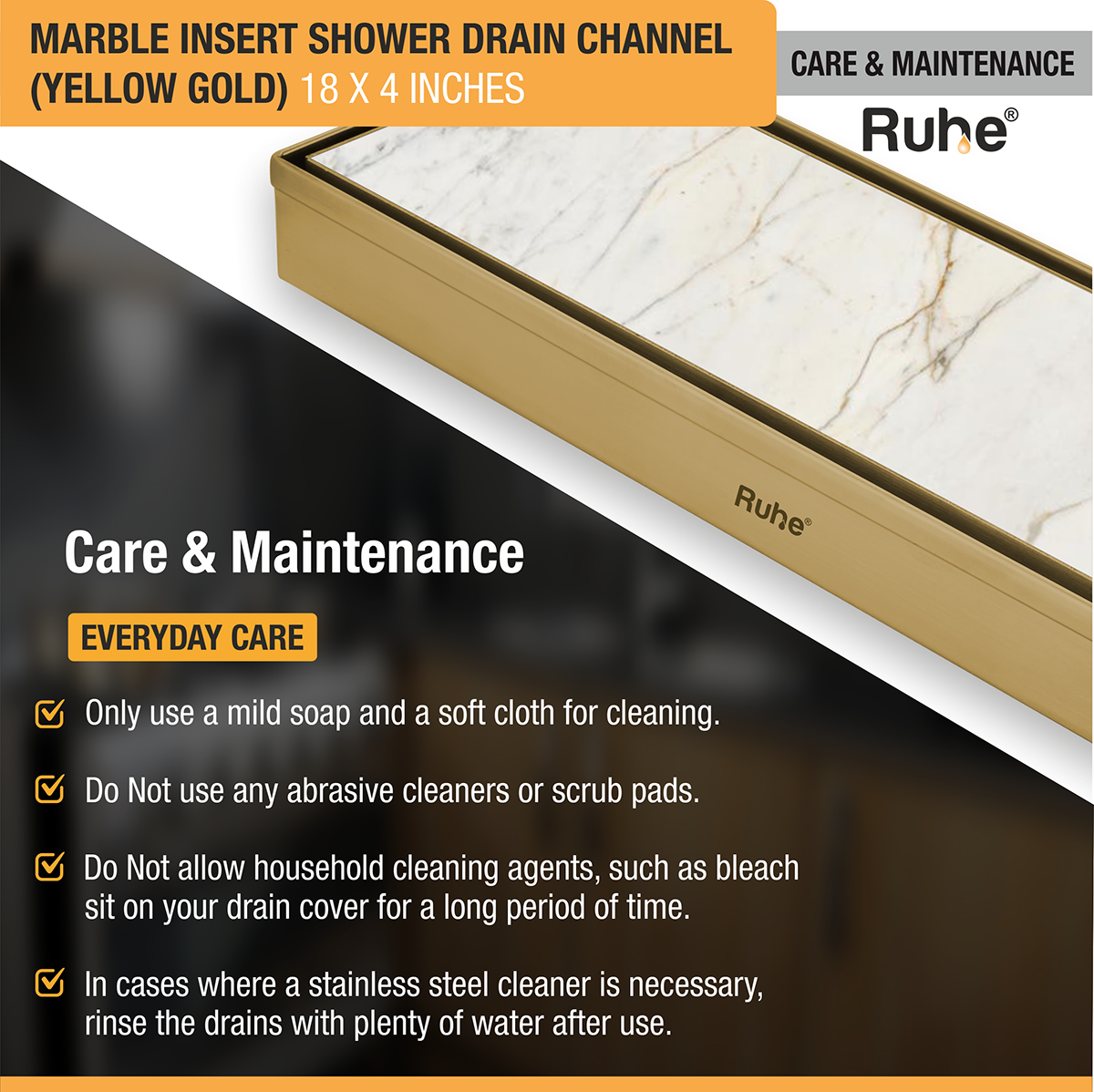 Marble Insert Shower Drain Channel (18 x 4 Inches) YELLOW GOLD PVD Coated - by Ruhe®