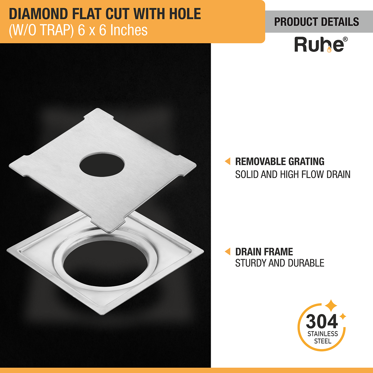 Diamond Square Flat Cut 304-Grade Floor Drain with Hole (6 x 6 Inches) with removable grating and drain frame