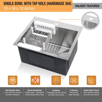 Handmade Single Bowl with Tap Hole Kitchen Sink (18 x 16 x 10 Inches) (Features)