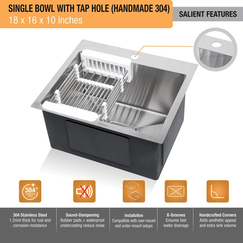 Handmade Single Bowl with Tap Hole Kitchen Sink (18 x 16 x 10 Inches)