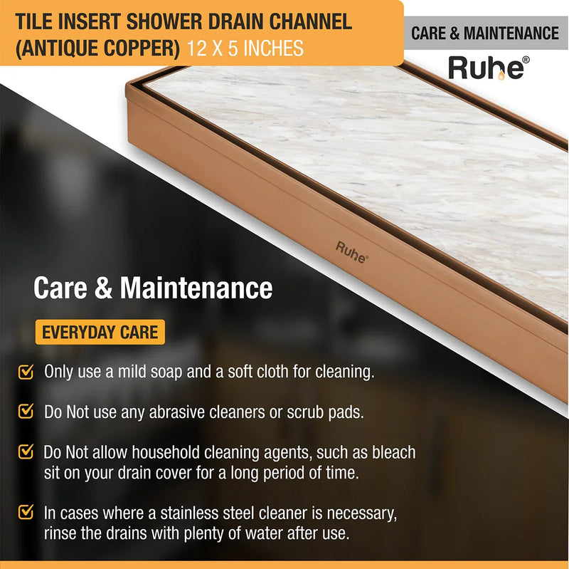 Tile Insert Shower Drain Channel (12 x 5 Inches) Antique Copper PVD Coated - by Ruhe