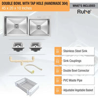 Handmade 304-Grade Double Bowl Kitchen Sink with Tap Hole (45 x 20 x 10 Inches) – Matt Steel