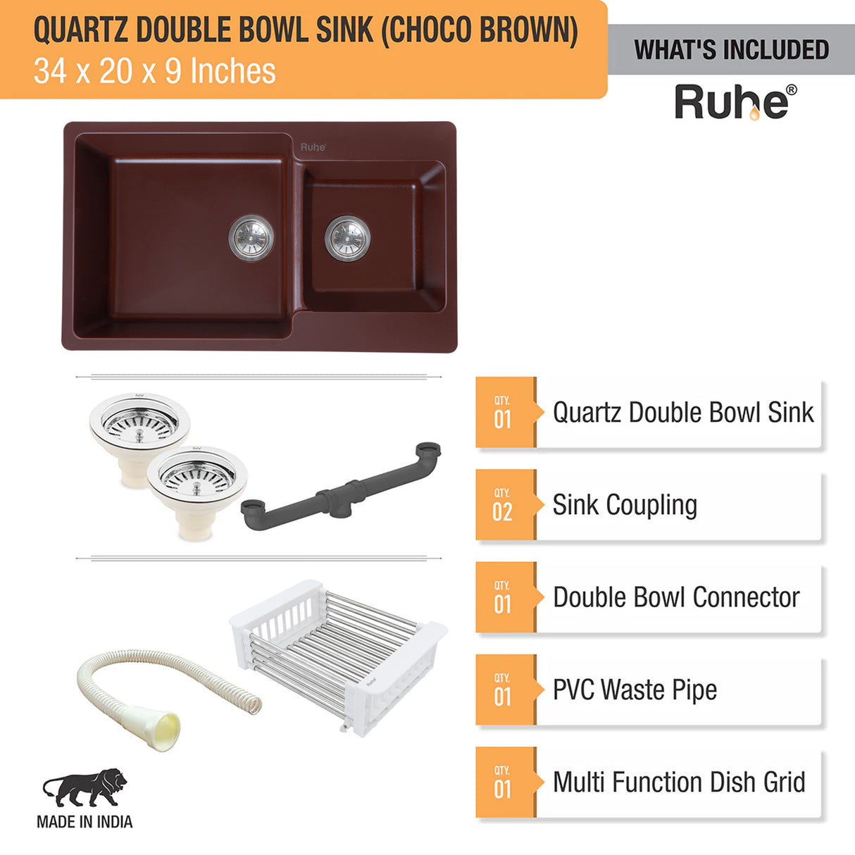Quartz Double Bowl Kitchen Sink - Choco Brown (34 x 20 x 9 inches) - by Ruhe®