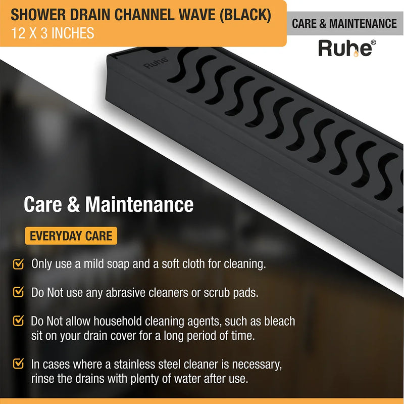 Wave Shower Drain Channel (12 x 3 Inches) Black PVD Coated - by Ruhe